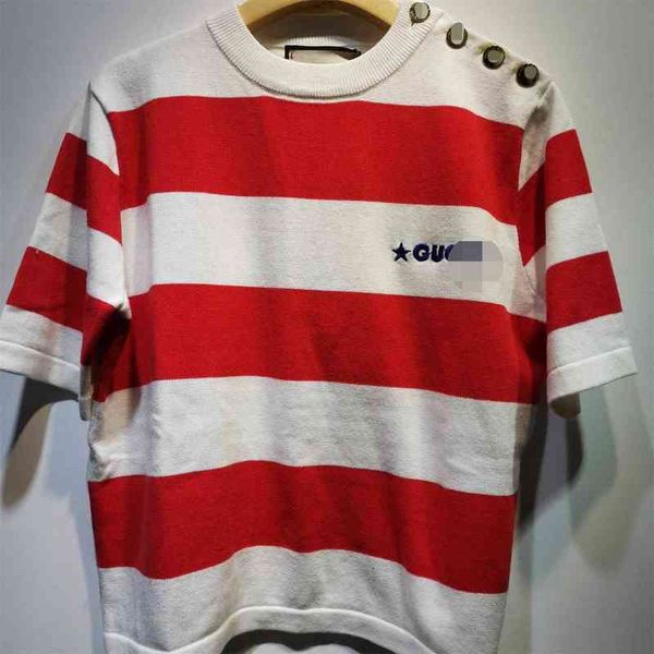 

~ gu gujia's 22nd spring and summer product refined sulfur cotton wide stripe embroidery navy style round neck knitted t-shirt short, White