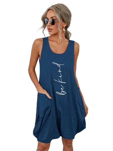 

letter graphic dual pockets tank dress g7wj#, Black;gray