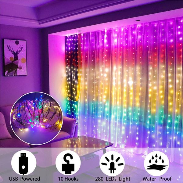 Regenbogen-Lichterkette, LED-Fee-Girlande, Vorhang-Licht für Urlaub, Party, Neujahr, Weihnachtsdekoration, Schlafzimmerlampe