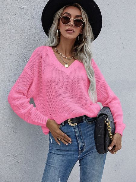 

solid drop shoulder v-neck sweater 90vu#, White;black