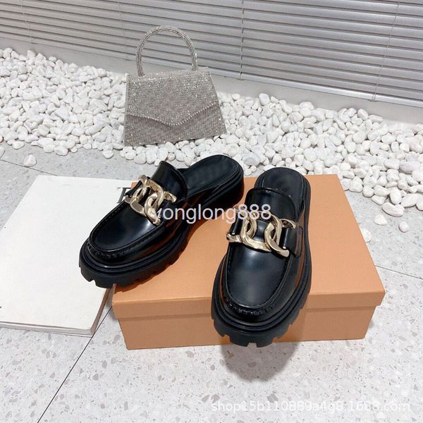

slippers spring todd metal buckle british round head gold classic thick bottom half tolofo shoes women's single, Black