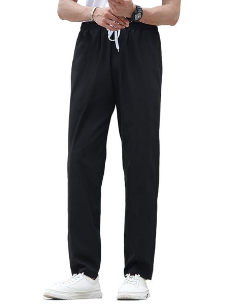 

men solid drawstring waist pants j9w2#, Black