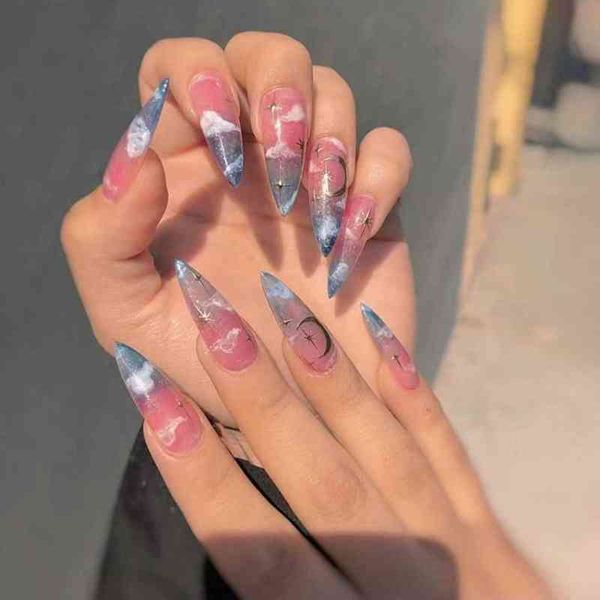 

false nails french fake full cover long ballet press on nail blue pink gradient clouds shiny star moon design manicure tip 0616