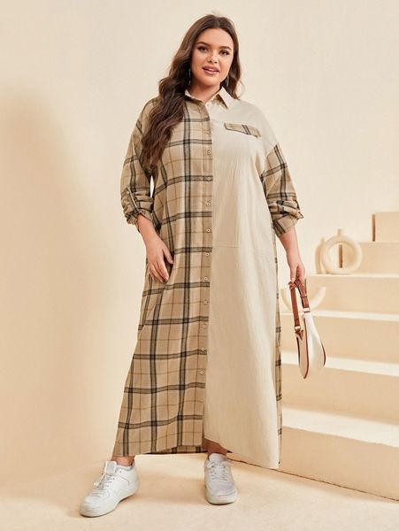 

plus rolled tab sleeve plaid shirt dress 08u3#, Black