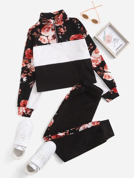 

girls floral print half zip colorblock sweatshirt & sweatpants she, White