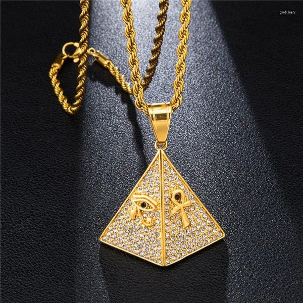 Anhänger Halsketten Kubikzircon Ägypten Pyramide Halskette mit dem Auge des Horus und Ankh Schlüssel Charms Pave CZ Bling Hip Hop Schmuck GeschenkAnhänger Go