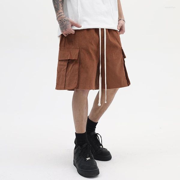 Männer Shorts High Street Retro Große Taschen Cord Cargo Männliche Und Weibliche Kordelzug Breite Bein Solide Übergroßen Knie Länge hosen Naom22