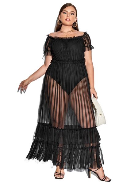 

plus bodysuit insert layered hem striped mesh dress 04yg#, Black