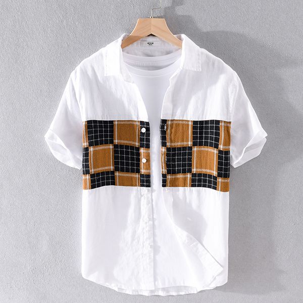 

summer men casual shirts 100% linen men shirt short sleeve white color matching for fashion aa, White;black