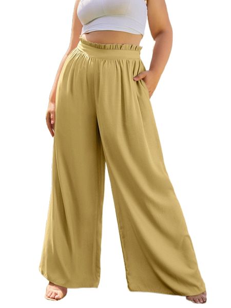 

sbetro plus paperbag waist wide leg pants 086o#, Black