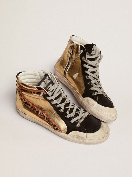 High Top Dirty Shoes Designer Luxuriöse italienische Vintage handgefertigte Penstar Slide Gold-Leder-Sneaker mit schwarzem Leder XX und Leoparden-Pony-Inlays-14