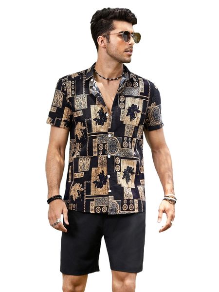 

men random plant and chain print button up shirt with shorts h94j#, Gray