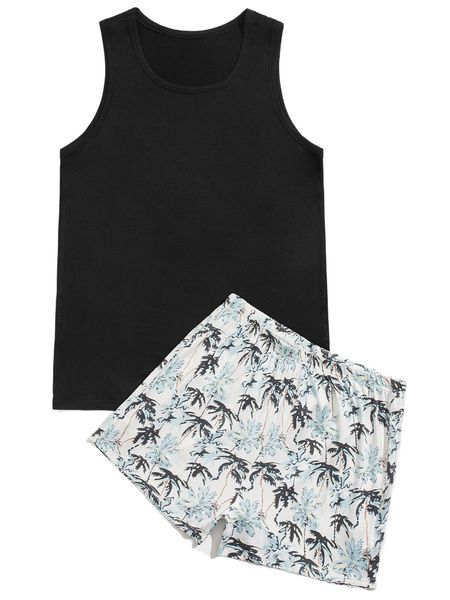 

men tank & coconut tree print shorts pj set 39e5#, Black;brown