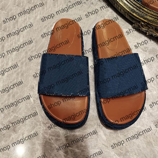 

desinger women platform high heel shoes sandals summer denim slippers letter printed with box open toe slip on slides, Black