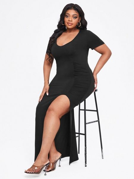 

sxy plus ruched side split thigh dress a026#, Black