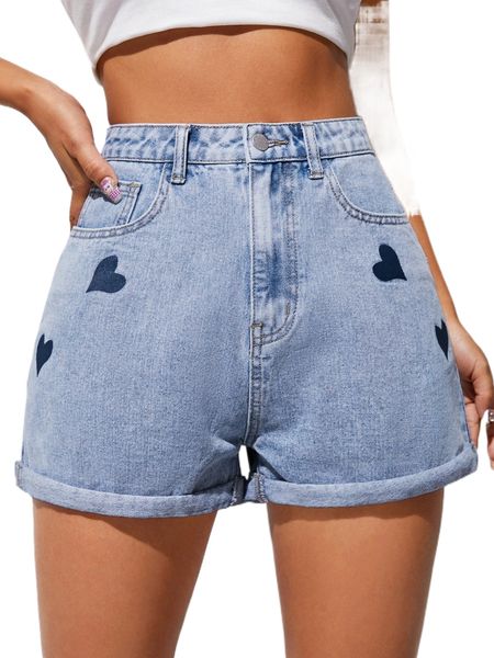 

heart print roll hem denim shorts e1px#, White;black