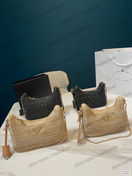 

re-edition 2005 beige raffia chain stripe shoulder bag designer 2022 nylon mini hobo in straw 2pcs crossbody with coin purse