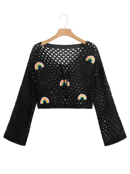 

plus rainbow embroidery hollow out knot front cover up b6m4#, Black