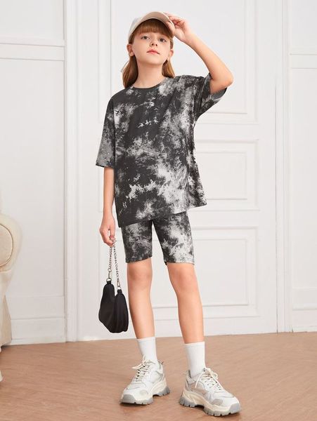 

girls tie dye drop shoulder tee & biker shorts set she, White