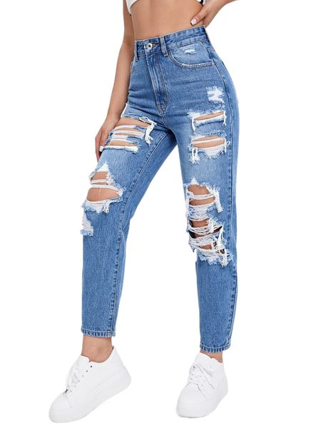 

high waist cut out ripped mom jeans f6ws#, Blue