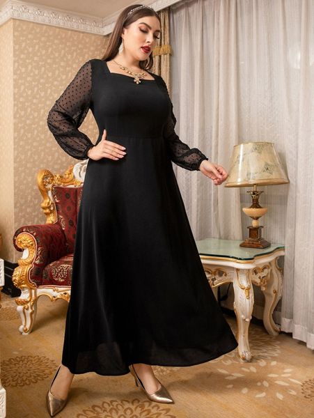 

plus contrast dobby mesh lantern sleeve square neck dress 70w9#, Black
