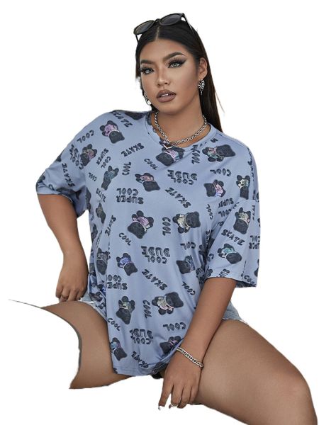 

plus cartoon and letter graphic drop shoulder tee r8be#, Black