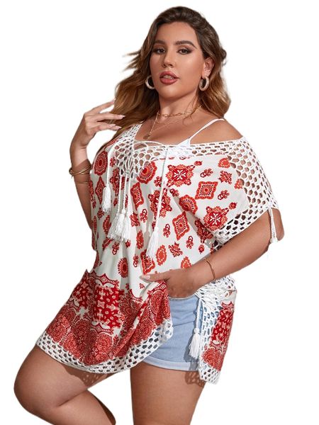 

plus damask print tassel lace up batwing sleeve cover up 723p#, Black