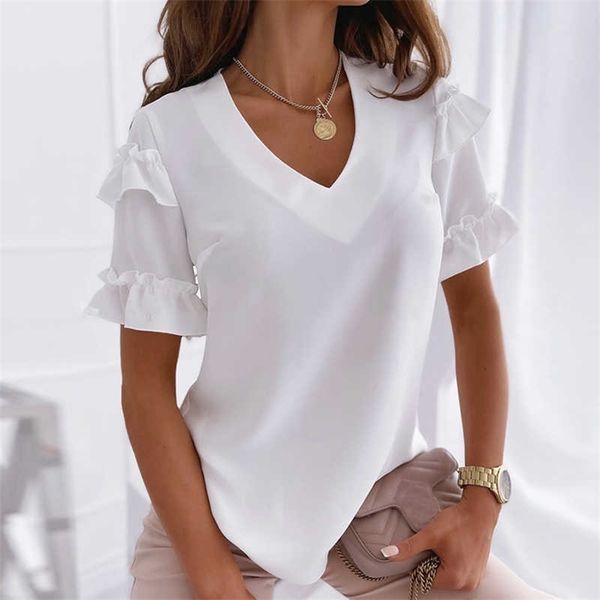 

summer elegant women's t-shirts solid v-neck ruffle patchwork short sleeve t-shirt pullover office lady tee 210709, White