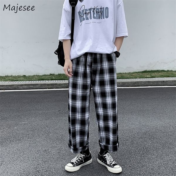 

men casual pants plaid ankle length loose wide leg all-match elastic waist fashion trousers streetwear harajuku korean retro ins 220810, Black