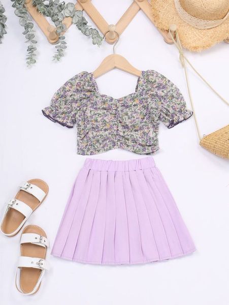 

toddler girls ditsy floral print ruched puff sleeve & pleated skirt she, White