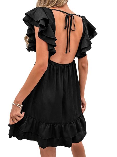 

tie backless butterfly sleeve ruffle hem dress g1ij#, Black;gray