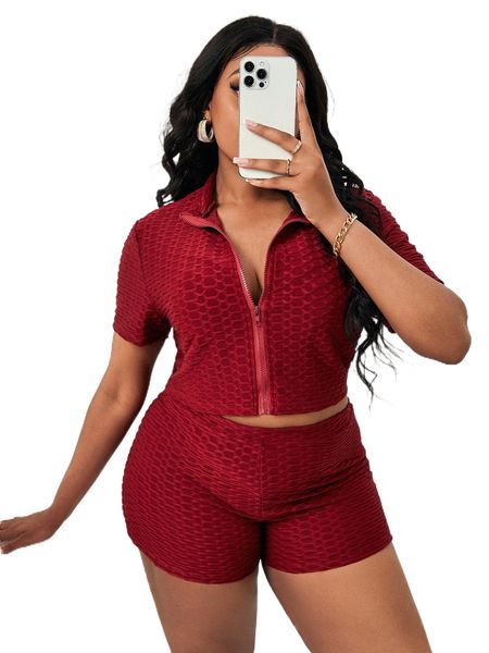 

sxy plus honeycomb textured zipper jacket & biker shorts 12rh#, Black