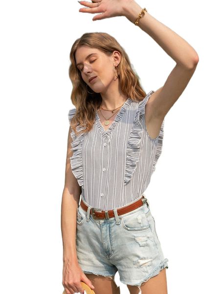 

stripe ruffle trim button up blouse 42mv#, White