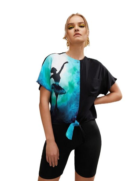 

x nora gad tie dye colorblock patch pocket figure pattern knot detail blouse n81l#, White