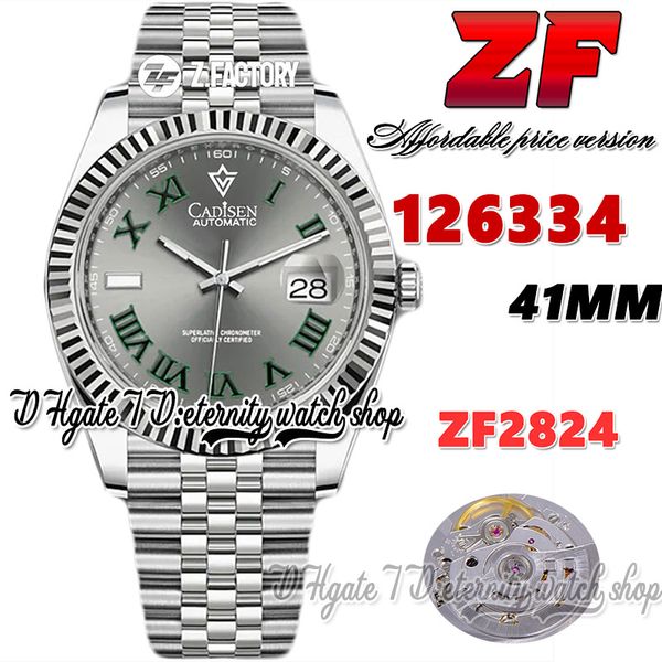 ZF zf126334 ETA 2824 ZF2824 Orologio da uomo automatico 41MM Lunetta scanalata Quadrante grigio Marcatori romani verdi Cassa con cinturino in acciaio inossidabile 904L Orologi Super Version eternity