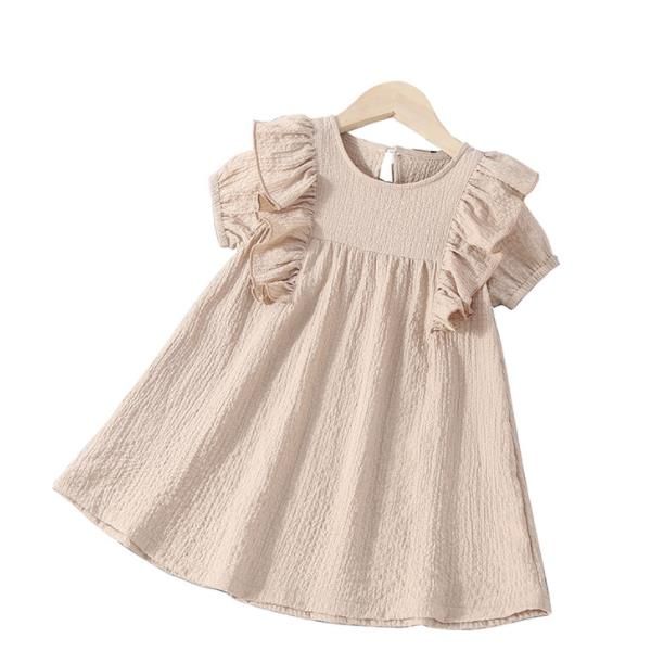 

21dianshangerban 2022 new arrival girls dress ruffle edge khaki color round neck short sleeve pleated cuff cotto children's 3t ~ 8t pri, Black;gray