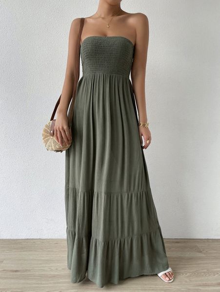 

shirred ruffle hem maxi tube dress f0d0#, Black;gray