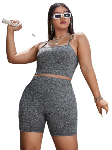 

plus marled crop cami & biker shorts w9my#, Black