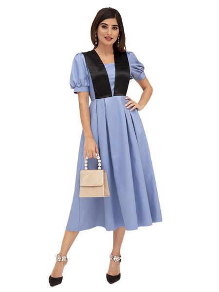 

modely colorblock puff sleeve square neck fold pleated hem dress h0rf#, Black;gray