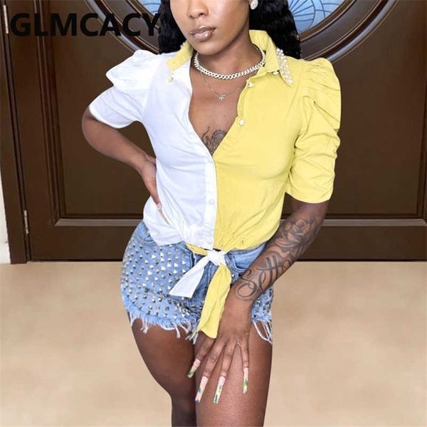 

women beading puff sleeve short sleeve turn down collar shirt 210702, White