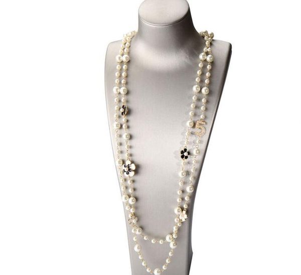 

women camellia pearl pendants necklace double layers long chains collares de moda number 5 flower party jewelry, Silver