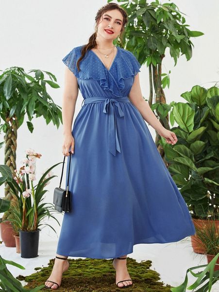 

plus swiss dot ruffle trim overlap collar belted dress c5qv#, Black