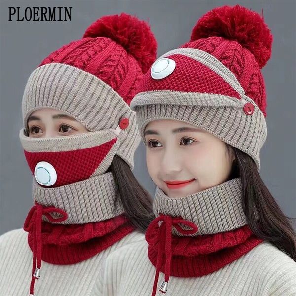 

3 pieces set women s knitted hat scarf caps neck warmer winter for ladies girls skullies beanies warm fleece 220817, Blue;gray