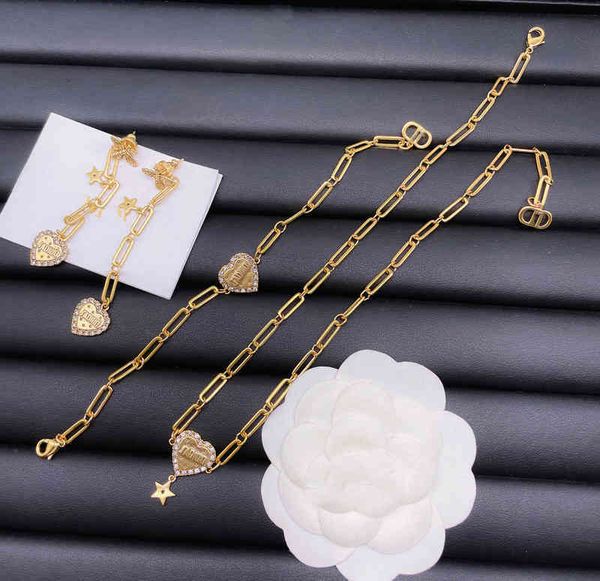 

jewelry set love bamboo necklace clavicle neck chain letter heart-shaped rhinestone classic earrings, Black