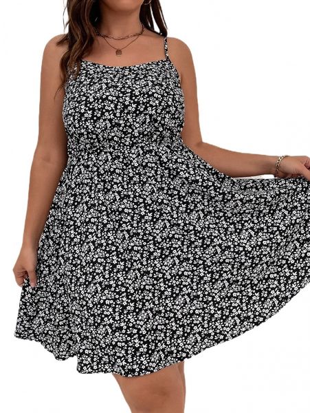 

plus ditsy floral print cami dress c1wc#, Black