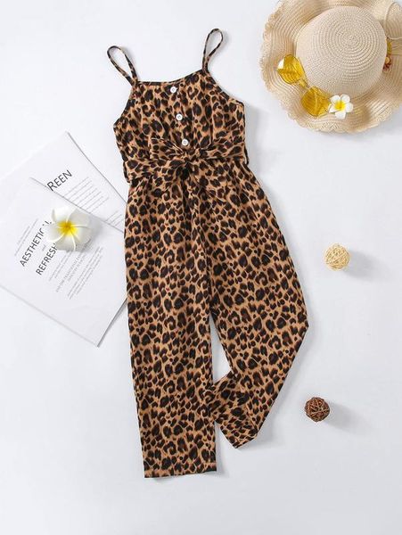 

toddler girls leopard print fake button belted cami jumpsuit she, Blue