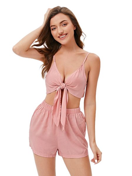 

knot front cami pj set e8br#, Black;red