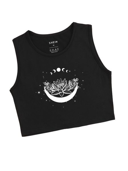

moon and floral print crop tank h590#, White