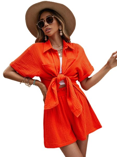 

dual pocket split hem drop shoulder blouse & paperbag waist shorts a0j3#, White