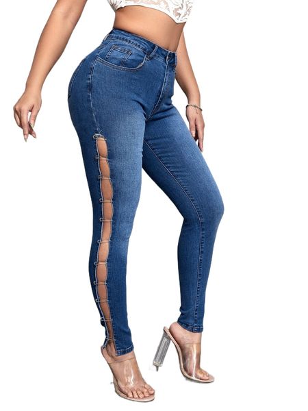 

sxy high waist cut out pin side skinny jeans b0uy#, Blue